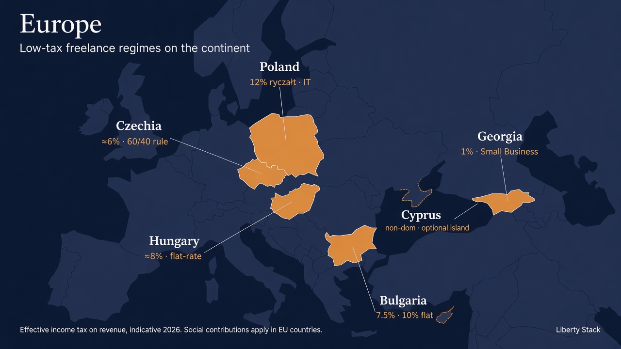 Carte Liberty Stack : régimes freelance low-tax en Europe centrale et orientale, avec Chypre en option.